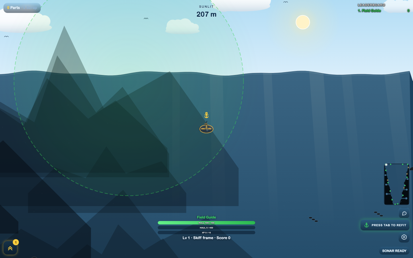 A Skiff near a surface dock with depth and resource displays visible.